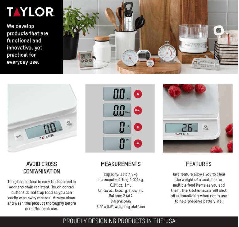 Screengrab featuring UX copy on Taylor Scientific Amazon product homepage. 